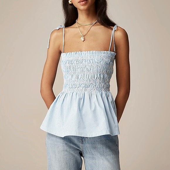 J.Crew Tops - J CREW Paloma Smocked Tank Top Womens Medium Blue White Stripe Tie Shoulder NEW